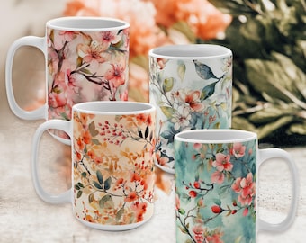 Japanese Floral Mug, 15oz Ceramic Coffee Cup, Holiday Gift