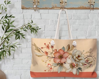 Flower Print Oversized Weekender Bag with rope handles, Floral Print Travel Carry-On, Beach Tote, Women Overnight Bag, Bridesmaids Gift