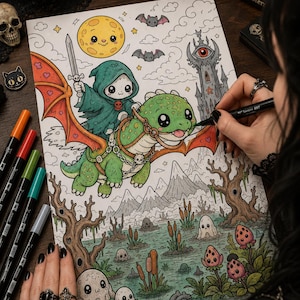 May include: A coloring page featuring a hooded figure riding a green dragon, a yellow moon, bats, and a tower with an eye. The scene includes a swampy landscape with trees, cattails, and small skull-like creatures, all rendered in a cartoon style.