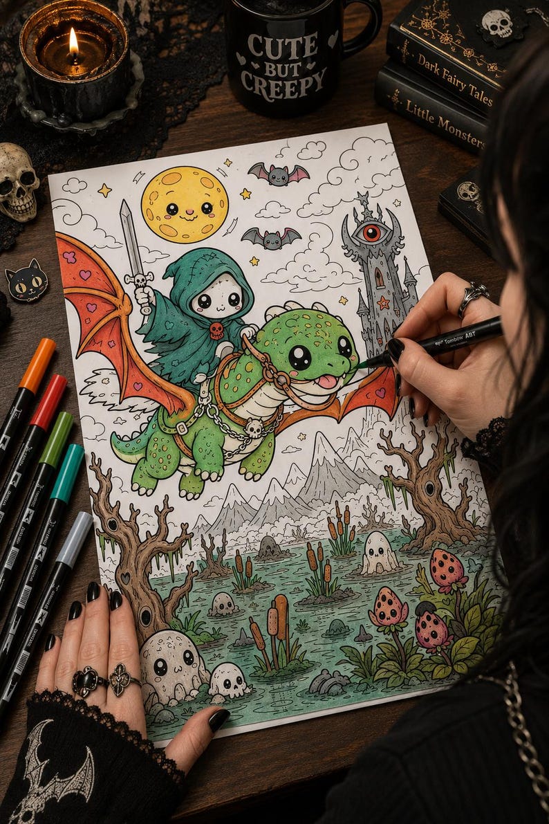 May include: A coloring page featuring a hooded figure riding a green dragon, a yellow moon, bats, and a tower with an eye. The scene includes a swampy landscape with trees, cattails, and small skull-like creatures, all rendered in a cartoon style.