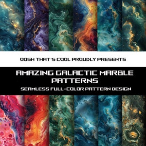 May include: A set of six seamless digital patterns featuring swirling, abstract marble designs in shades of blue, green, purple, orange, and gold. The patterns resemble galaxies with stars and nebulae.