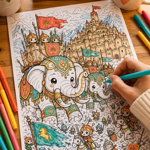 May include: A coloring page featuring a large elephant carrying a castle structure with soldiers, a smaller elephant, and mounted knights. The scene includes a large fortress in the background, clouds, and banners with tree and horse emblems.