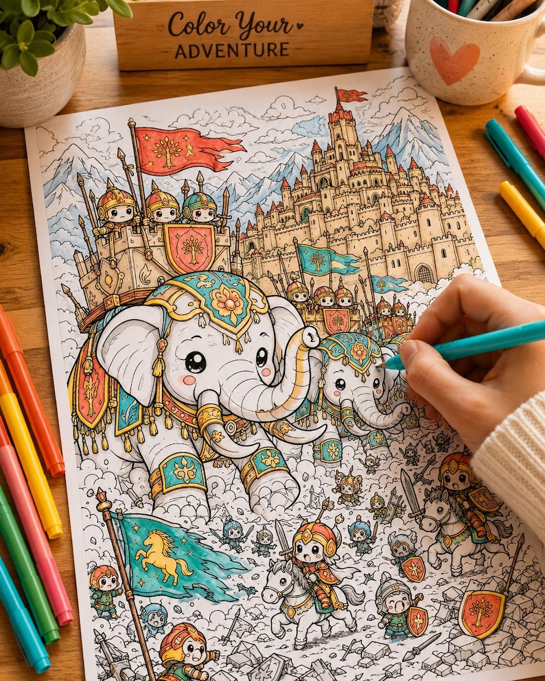 May include: A coloring page featuring a large elephant carrying a castle structure with soldiers, a smaller elephant, and mounted knights. The scene includes a large fortress in the background, clouds, and banners with tree and horse emblems.