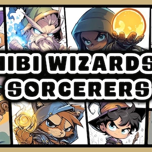 May include: A collage of illustrations featuring various chibi wizards and sorcerers. The characters are depicted in a cartoon style with large heads and small bodies. The image includes a variety of magical elements, such as wands, staffs, and orbs of light. The text "CHIBI WIZARDS & SORCERERS" is displayed in bold letters across the centre of the image.
