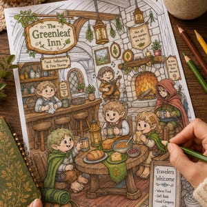 May include: A coloring page illustration of The Greenleaf Inn featuring fantasy characters eating at a table, a fireplace, and signs that read The Greenleaf Inn, Food, Fellowship & Fine Stories, Not all who wander are lost, and Travelers Welcome.