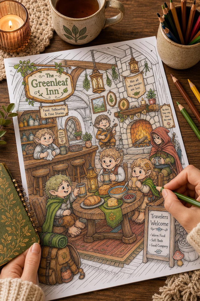 May include: A coloring page illustration of The Greenleaf Inn featuring fantasy characters eating at a table, a fireplace, and signs that read The Greenleaf Inn, Food, Fellowship & Fine Stories, Not all who wander are lost, and Travelers Welcome.