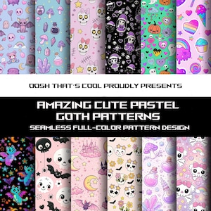 May include: A collection of seamless, full-color pastel goth patterns. The designs feature cute illustrations of bats, skulls, ghosts, and other spooky elements. The text "OOSH THAT'S COOL PROUDLY PRESENTS AMAZING CUTE PASTEL GOTH PATTERNS SEAMLESS FULL-COLOR PATTERN DESIGN" is displayed.