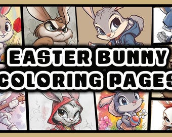 May include: A set of colouring pages featuring various cartoon Easter bunnies in different poses and outfits. The title "Easter Bunny Coloring Pages" is displayed at the top of the image.