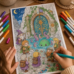 May include: A coloring page featuring a fantasy scene with a group of small adventurers standing before a large, ornate stone gate. A green, tentacled creature emerges from a pool of water in front of the gate. The scene includes a wizard, an archer, and several travelers with backpacks, all rendered in a detailed, cartoon-like style.