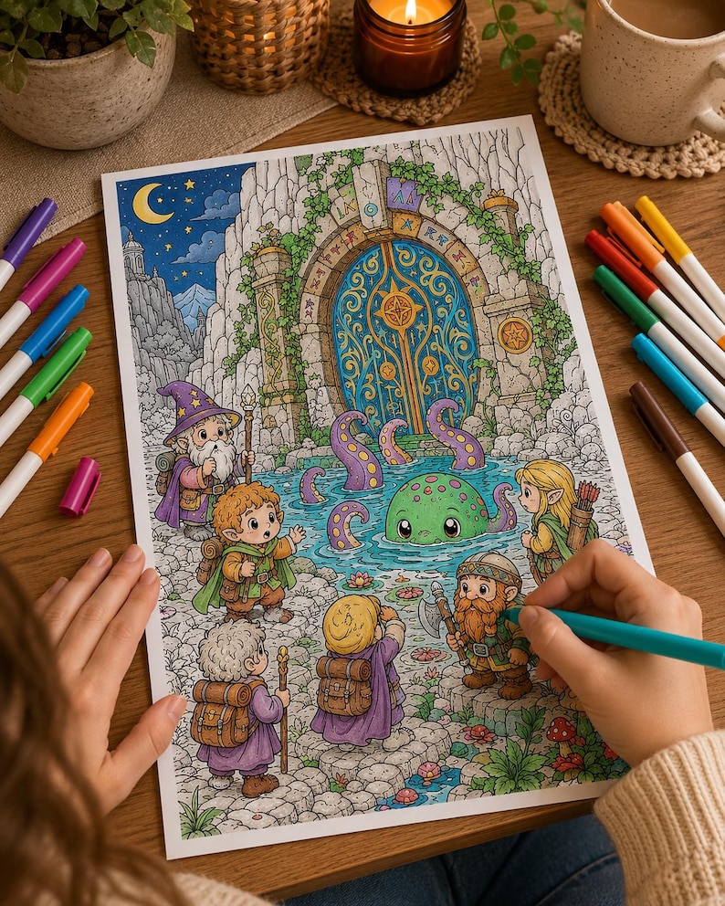 May include: A coloring page featuring a fantasy scene with a group of small adventurers standing before a large, ornate stone gate. A green, tentacled creature emerges from a pool of water in front of the gate. The scene includes a wizard, an archer, and several travelers with backpacks, all rendered in a detailed, cartoon-like style.
