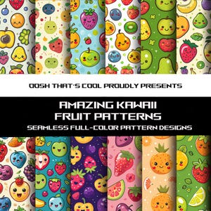 Patrones de frutas Kawaii / Diseños sin costuras / 12 patrones coloridos / Patrones de azulejos / Descarga instantánea / JPG, PNG SVG formatos!