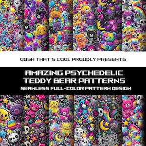 Psychedelic Teddy Bear Seamless Patterns: JPG, PNG, SVG (Digital Download)