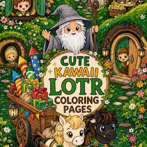 Kawaii Fantasy Fellowship Coloring Book, Cute Hobbit-Style Adventure Coloring Pages, Instant Download PDF, Printable Adult Coloring