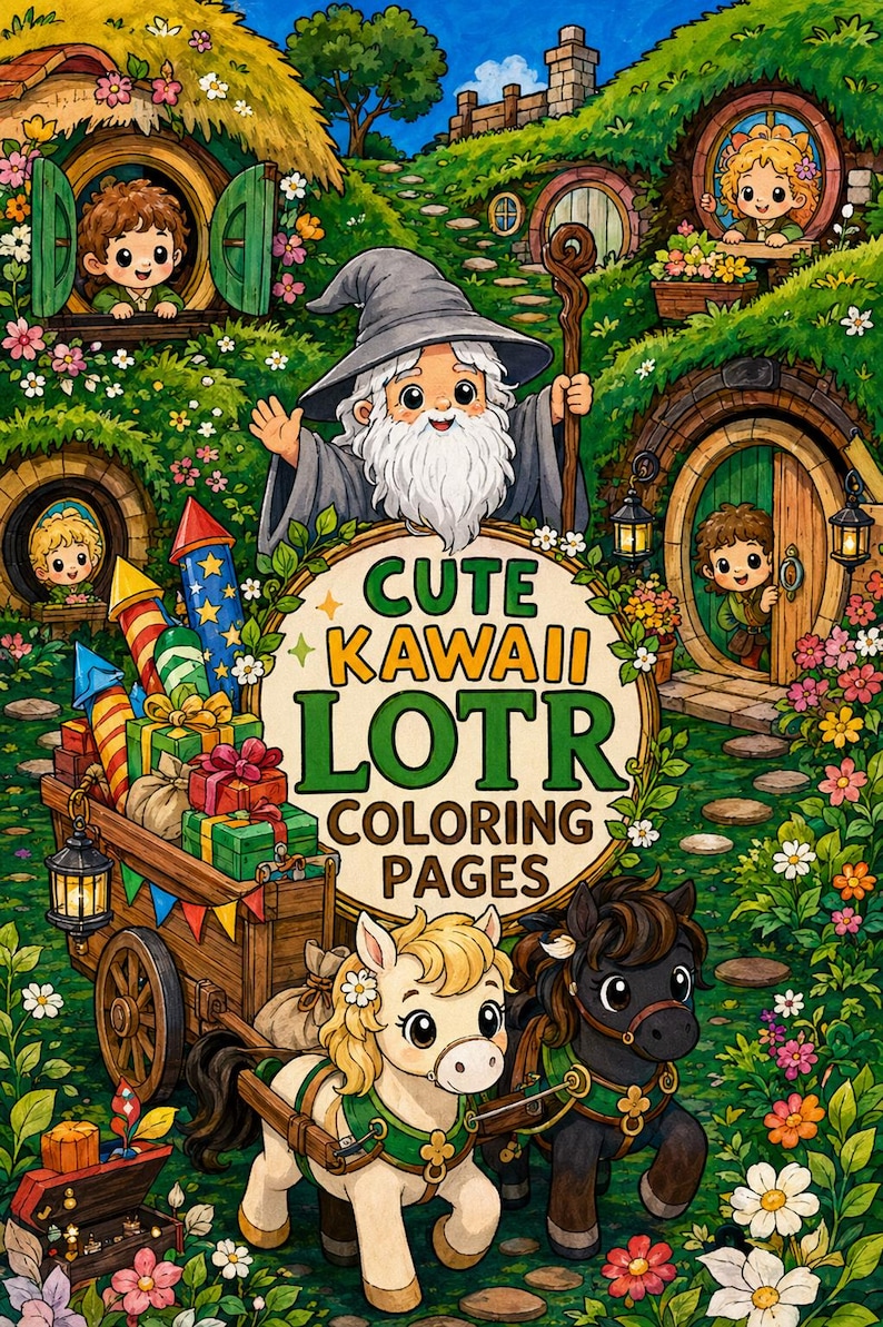 May include: A coloring book cover illustration featuring a wizard with a staff, two ponies pulling a wooden cart filled with gift boxes and fireworks, and small characters in round doorways, with the text CUTE KAWAII LOTR COLORING PAGES.