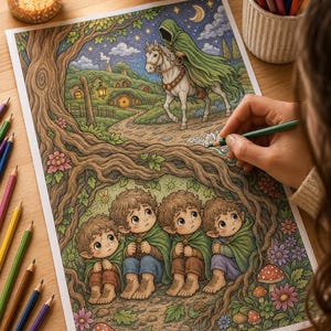 May include: A coloring page featuring a fantasy illustration of four small, wide-eyed figures with hairy feet huddled under a large tree root system, while a cloaked rider on a white horse travels along a path toward a hillside home at night.