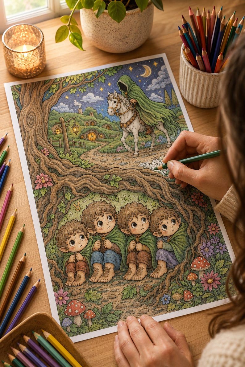 May include: A coloring page featuring a fantasy illustration of four small, wide-eyed figures with hairy feet huddled under a large tree root system, while a cloaked rider on a white horse travels along a path toward a hillside home at night.