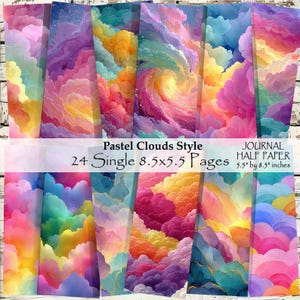 May include: A collection of 24 single journal half pages, each 8.5" x 5.5", featuring pastel cloud designs in various colors. The pages display vibrant hues of pink, purple, yellow, and blue, with swirling patterns and the text "Pastel Clouds Style".