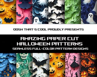 Paper Cut Halloween Digital Paper, Spooky Seamless Pattern Set, Cute Pumpkin Ghost Print for Scrapbooking, Fabric and Gift Wrap