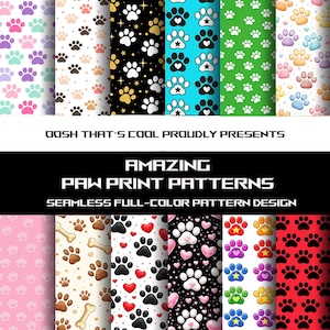 May include: A collection of seamless patterns featuring paw prints in various colors, including pink, blue, green, and gold. The patterns are displayed in rows, with text that reads "AMAZING PAW PRINT PATTERNS" and "SEAMLESS FULL-COLOR PATTERN DESIGN".