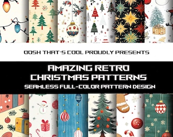 Retro-Weihnachtspapier, nahtloses Vintage-Weihnachtsmuster-Set, Mid-Century-Weihnachtsdruck für Scrapbooking, Stoffe und Geschenkpapier