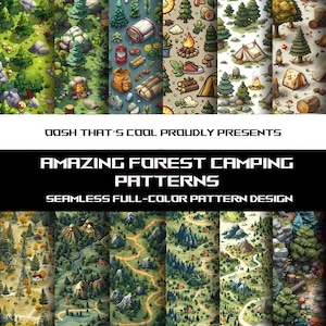 Puede incluir: Un conjunto de 10 patrones digitales sin costuras con temas de bosque y camping. Los patrones incluyen ilustraciones de árboles, montañas, ríos, tiendas de campaña, fogatas y otros equipos de campamento. Los patrones son perfectos para usar en scrapbooking, creación de tarjetas, diseño de telas y otros proyectos creativos.