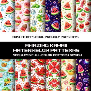 Kawaii Watermelon Seamless Patterns: JPG, PNG, SVG (Digital Download)