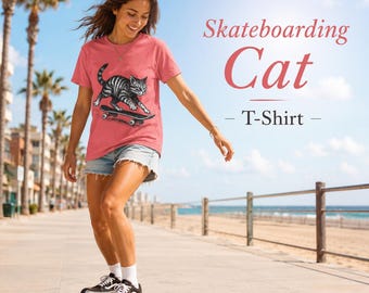 Camiseta de gato patinando, camiseta retro con estampado de gato, regalo divertido para amantes de los gatos, camiseta vintage de estilo urbano con gatito patinador.