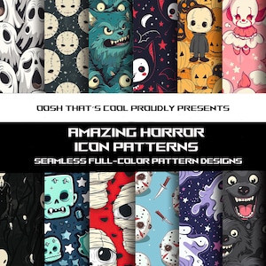Colección de patrones de iconos de terror/ Diseños sin costuras / 12 patrones coloridos / Patrones de azulejos/ Descarga instantánea/ Formatos JPG, PNG SVG.