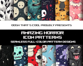 Horror Icon Seamless Patterns, Halloween Digital Paper Pack, Spooky Sublimation Tumbler Wrap, JPG PNG SVG Instant Download