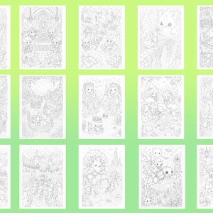 May include: A collection of fifteen black and white line art illustrations featuring fantasy characters, small creatures, and magical settings. Each rectangular page displays detailed scenes with chibi-style figures, castles, forests, and mythical beasts.