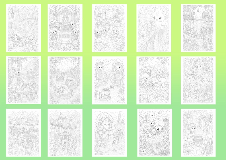 May include: A collection of fifteen black and white line art illustrations featuring fantasy characters, small creatures, and magical settings. Each rectangular page displays detailed scenes with chibi-style figures, castles, forests, and mythical beasts.