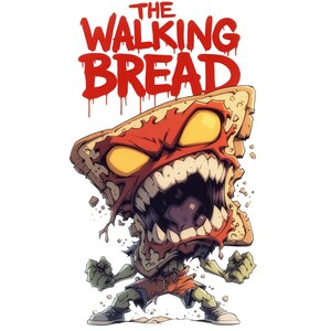 Puede incluir: Una ilustración de dibujos animados de un monstruo rojo y amarillo con una cabeza de pan. El monstruo está gritando "THE WALKING BREAD".