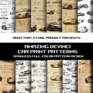 May include: A digital illustration of a vintage car print pattern. The pattern features a repeating design of cars in various styles, including classic, sports, and luxury cars. The pattern is in a sepia tone and has a vintage aesthetic.