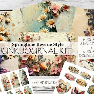 Op de afbeelding: Een digitale junk journal kit met een lentethema. De kit bevat 24 enkele journalpagina's, 12 dubbele journalpagina's en 30 ephemera-stukken. De pagina's bevatten bloemmotieven in pastelkleuren en een vintage esthetiek.