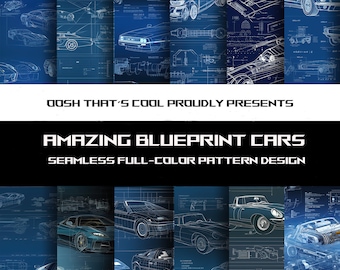 May include: A seamless pattern design featuring blueprint illustrations of various classic cars. The design is in shades of blue and white, with the cars outlined in white and the background in blue.