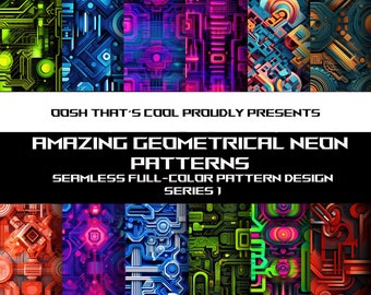 Neon Geometric Pattern Digital Paper, Bright Retro Seamless Print, Vibrant 80s Scrapbook Paper, Colorful Shapes Fabric Design Download