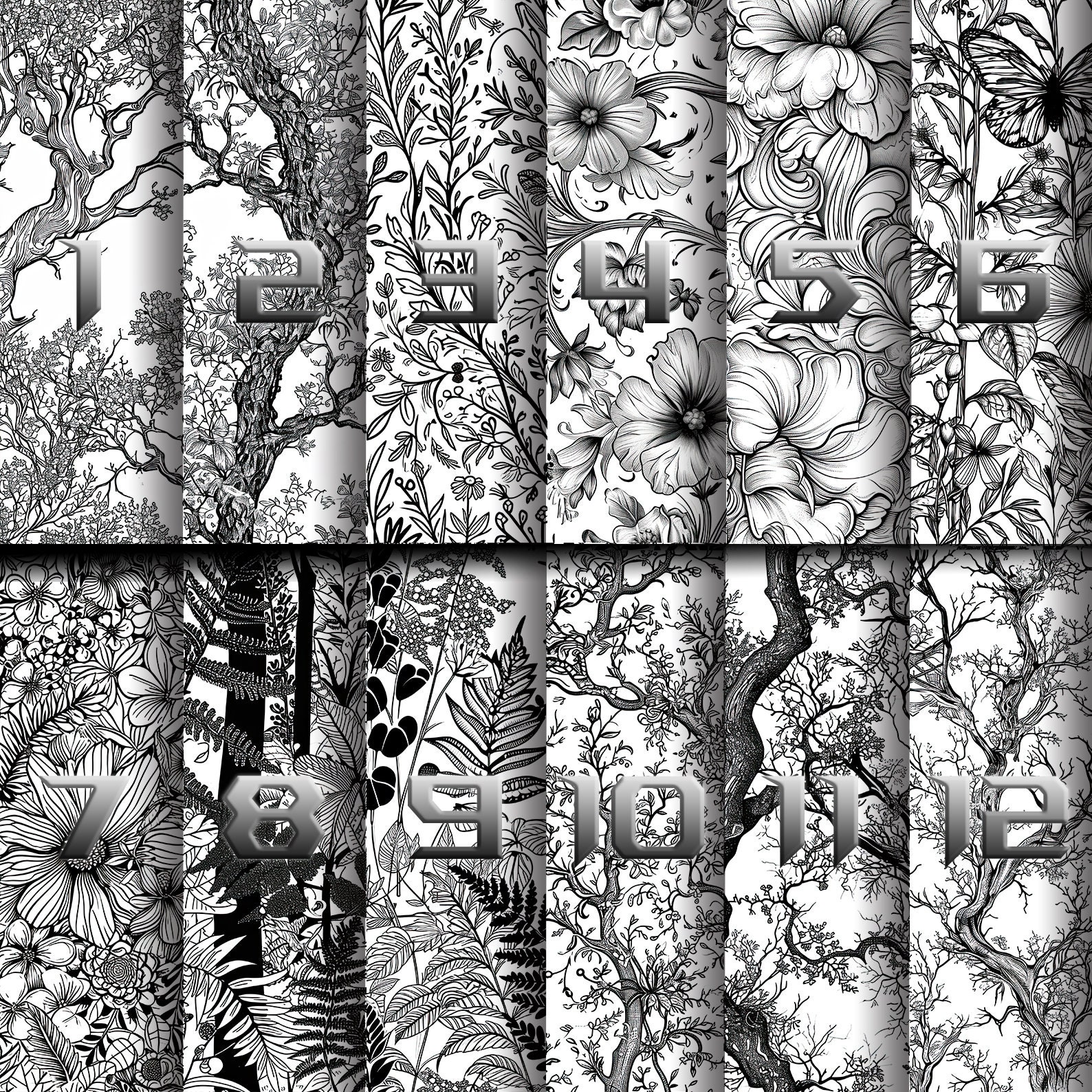 Magical Forest & Garden Line Art Patterns Seamless Designs 12 Great ...