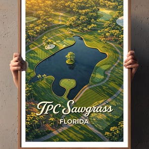 Può includere: Un poster incorniciato con una vista aerea del campo da golf TPC Sawgrass in Florida. L'immagine mostra un grande lago, fairway verdi e alberi lussureggianti. Il testo "TPC Sawgrass FLORIDA" è visualizzato in basso.