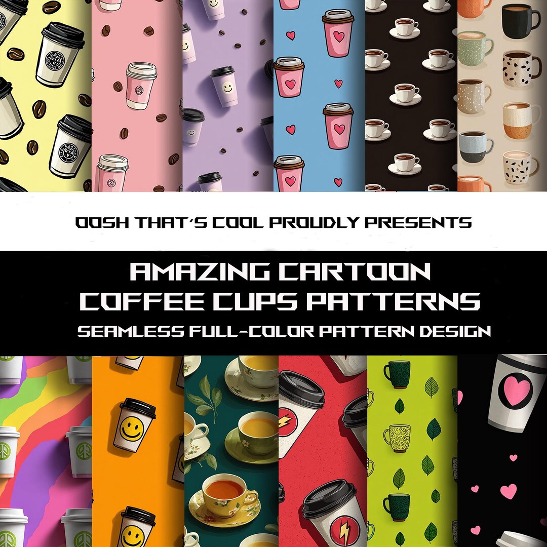 Cartoon Coffee Cup Seamless Patterns: JPG, PNG, SVG (digital Download ...