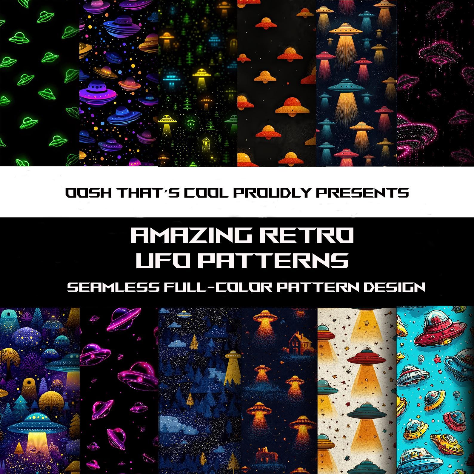 Retro UFO Seamless Patterns: 12 .jpg, .png, .svg Designs (digital ...