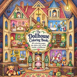 May include: A coloring book titled The Dollhouse Coloring Book: 40 coloring pages the delve into world inside a dollhouse. The cover features a detailed illustration of a multi-story dollhouse with various rooms, furniture, and a small doll.