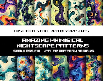 Speels nachtlandschap digitaal papier, naadloze patroonset met maan en sterren, hemelse nachthemelprint voor scrapbooking, stof en cadeauverpakking