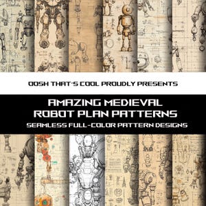 Medieval Robot Plans: Seamless Tile Patterns (JPG, PNG, SVG Digital Download)