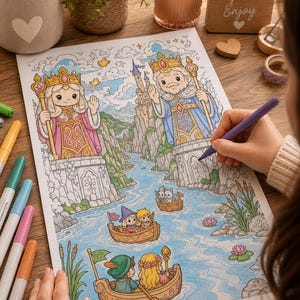 May include: A coloring page featuring a fantasy scene with a king and queen standing on stone towers overlooking a river. Small boats with characters float on the water below. The illustration includes a castle, mountains, and clouds, partially colored with markers.