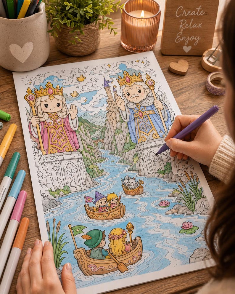 May include: A coloring page featuring a fantasy scene with a king and queen standing on stone towers overlooking a river. Small boats with characters float on the water below. The illustration includes a castle, mountains, and clouds, partially colored with markers.