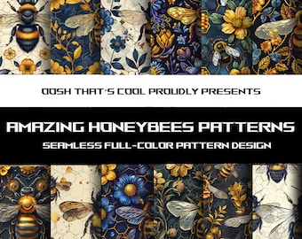 May include: A set of 10 seamless patterns featuring honeybees, flowers, and honeycomb designs. The patterns are in a variety of colors, including gold, black, blue, and white. The patterns are perfect for use in a variety of projects, such as fabric, wallpaper, and wrapping paper.