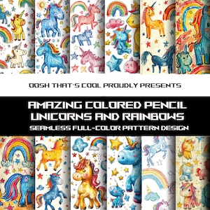 Lápis de cor unicórnios e arco-íris | Desenhos perfeitos | 12 padrões incríveis | Padrões de ladrilho | Download instantâneo | Formatos JPG, PNG SVG!