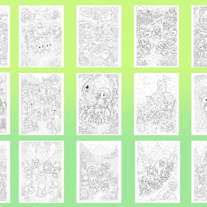 May include: A collection of fifteen black and white line art illustrations arranged in a grid, featuring fantasy characters in various settings including forests, stone structures, and cozy interiors, designed for coloring with intricate details.
