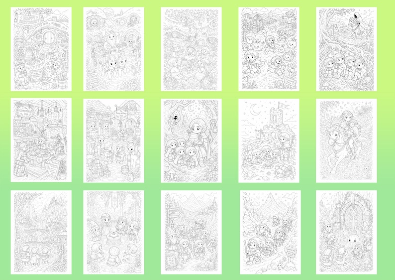 May include: A collection of fifteen black and white line art illustrations arranged in a grid, featuring fantasy characters in various settings including forests, stone structures, and cozy interiors, designed for coloring with intricate details.