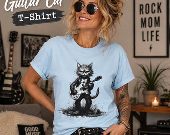 Guitar Cat T-Shirt, Funny Music Cat Graphic Tee, Rock Kitty Cat Lover Gift, Guitarist Musician Shirt, Concert Feline Apparel